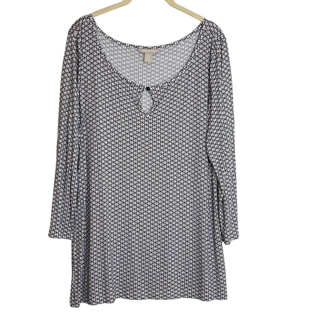 Banana Republic Womens Knit Top XL Black White Geometric Print Rayon 3/4 Sleeve